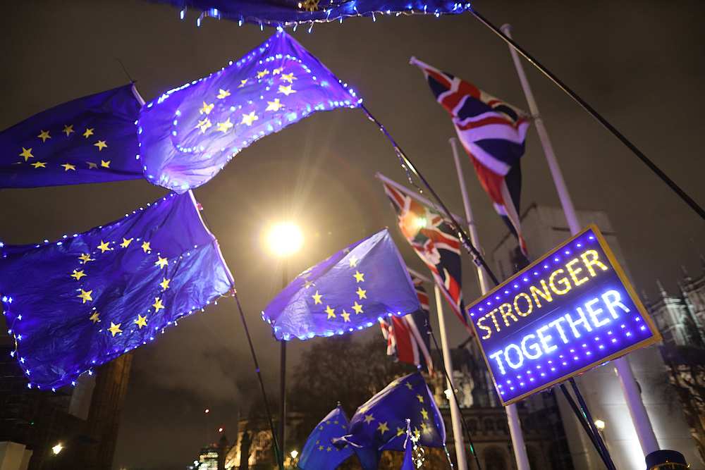 Anti-Brexit protesters holding a banner and flags demonstrate outside the Houses of Parliament in London, Britain January 30, 2020. u00e2u20acu201d Reuters pic