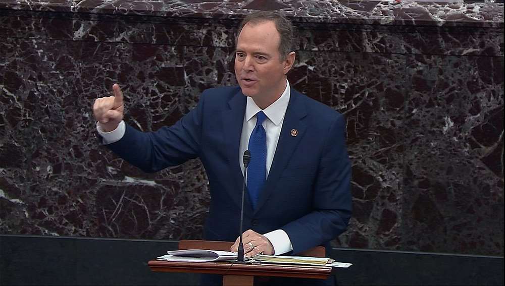 House Intelligence Committee Chairman Adam Schiff addresses a question during the impeachment trial of US President Donald Trump at the US Capitol in Washington January 29, 2020. u00e2u20acu201d US Senate TV handout via Reuters