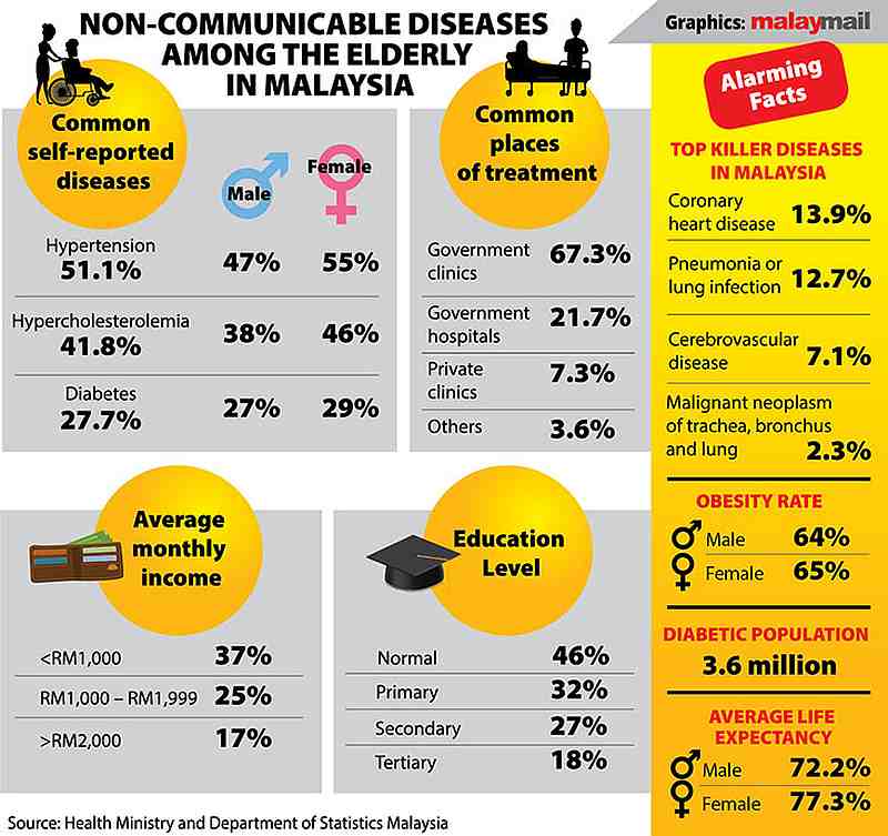 Breakdown of NCDs among the elderly in Malaysia along with some alarming facts. — Graphic by Azlan Shah Mohd Khalid