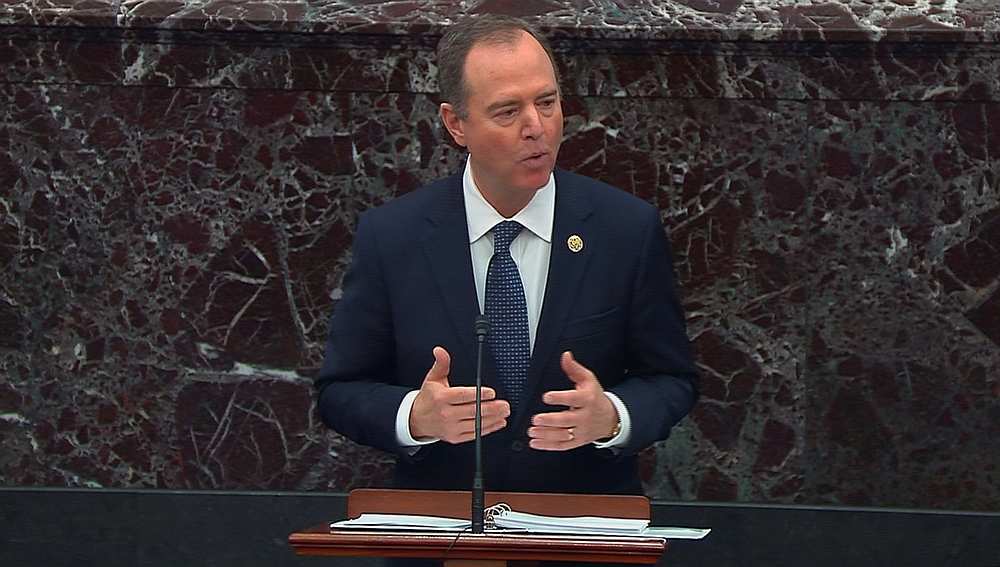 Lead manager House Intelligence Committee Chairman Adam Schiff delivers an opening argument during the impeachment trial of US President Donald Trump in Washington January 22, 2020. u00e2u20acu201d US Senate TV handout via Reuters