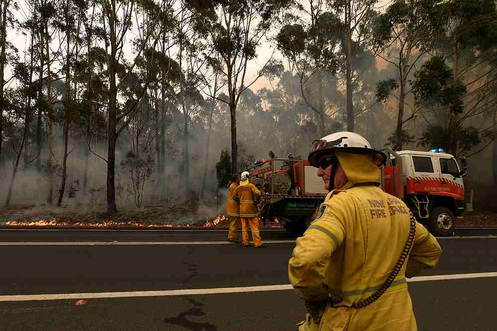 Rural Fire Service volunteers (RFS) and Fire and Rescue NSW officers (FRNSW) contain a small bushfire which closed the Princes Highway south of Ulladulla, Australia January 5, 2020. u00e2u20acu201d AAP Image/Dean Lewins via Reuters
