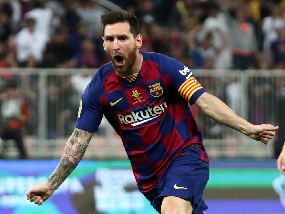 Barcelona's Lionel Messi celebrates scoring their first goal against Atletico Madrid during the Spanish Super Cup semi-final match at the King Abdullah Sports City, Jeddah, Saudi Arabia January 9, 2020. u00e2u20acu201d Reuters pic 