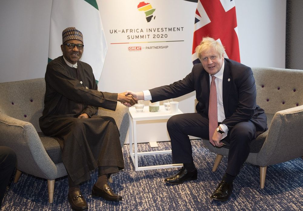Britainu00e2u20acu2122s Prime Minister Boris Johnson poses with Nigeriau00e2u20acu2122s President Muhammadu Buhari during their bilateral meeting at the UK-Africa Investment Summit in London on January 20, 2020. u00e2u20acu201d AFP pic