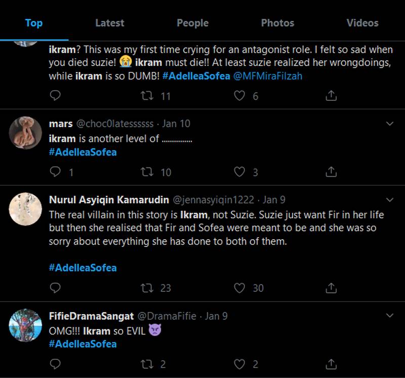 Some of the reactions from Fizo's performance as Ikram. ― Screenshot via Twitter