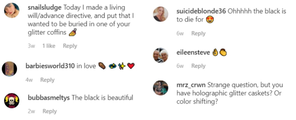 Social media users were in love with the glittery and shiny caskets on offer. ― Screengrab via Instagram/@theglittercoffincompany 