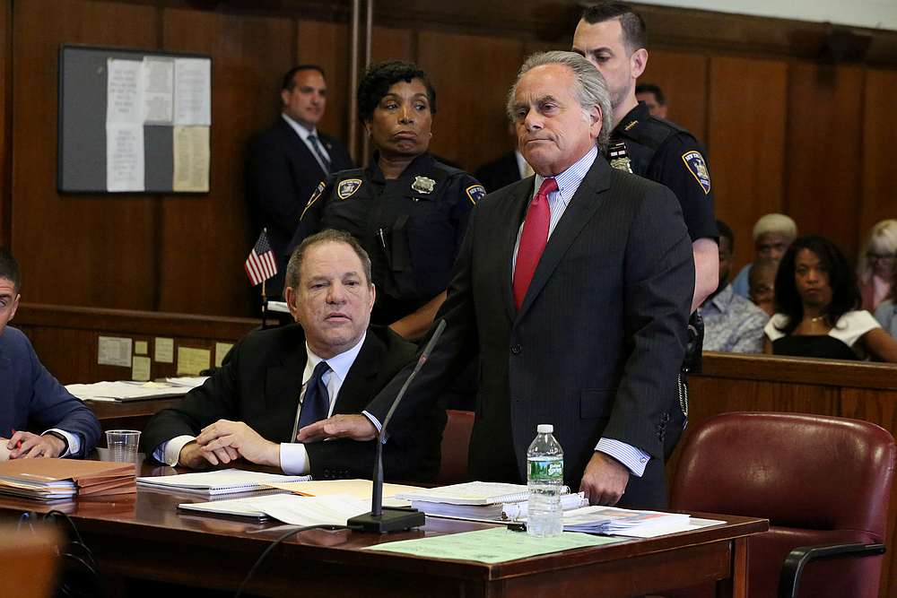Film producer Harvey Weinstein sits next to his lawyer Benjamin Brafman inside Manhattan Criminal Court during an arraignment in New York July 9, 2018. u00e2u20acu201d Jefferson Siegel/Pool pic via Reuters