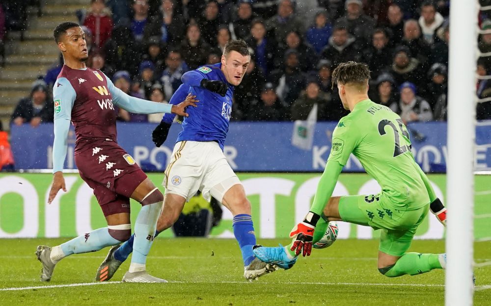 Leicester City's Jamie Vardy misses a chance to score against Aston Villa at the King Power Stadium January 8, 2020. u00e2u20acu201d Reuters picn
