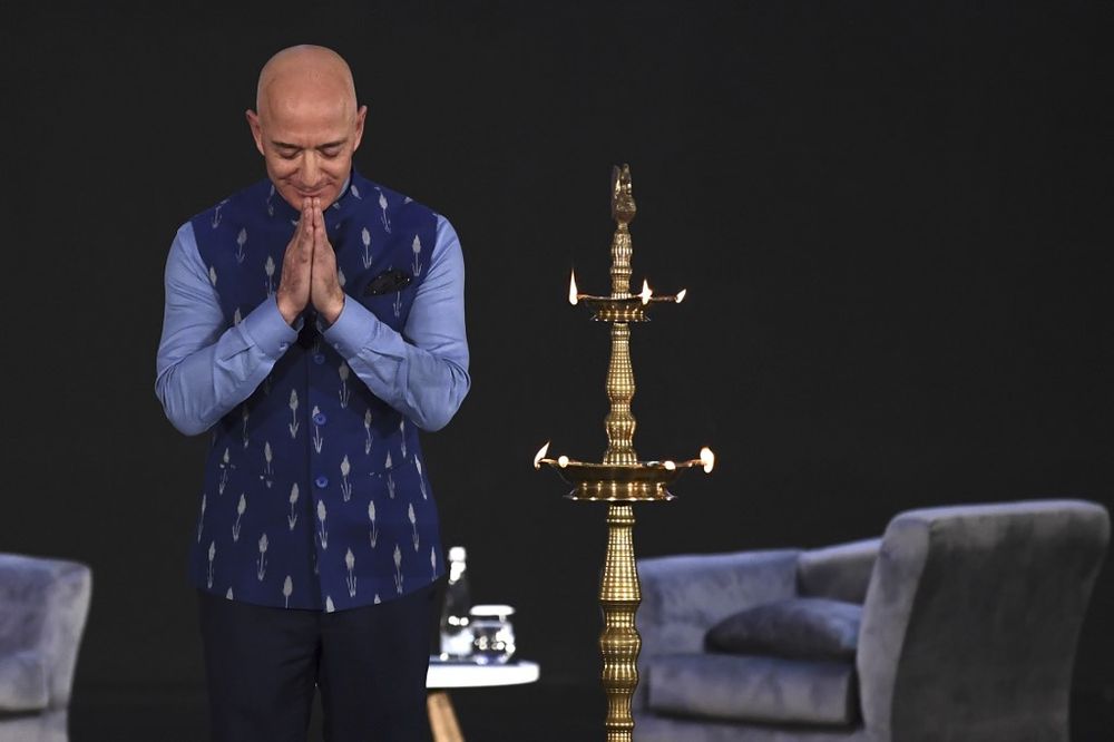 CEO of Amazon Jeff Bezos greets during the Amazonu00e2u20acu2122s annual Smbhav event in New Delhi on January 15, 2020. Bezos, whose worth has been estimated at more than US$110 billion, is in India for a meeting of business leaders in New Delhi. u00e2u20acu201d AFP pic