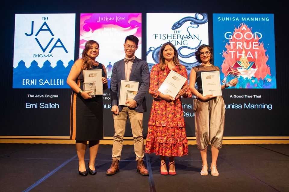 Joshua Kam (second left) with the other finalists of Singapore's Epigram Books Fiction Prize, (from left) Erni Salleh, Kathrina Mohs Daud and Sunisa Manning. u00e2u20acu201d Photo via Facebook/ Epigram Books