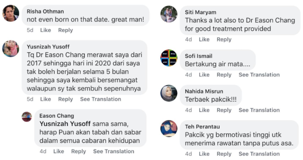 Social media users were inspired by Abdullah’s story and prayed that he continues to be blessed with good health. — Screengrab via Facebook/Eason Chang