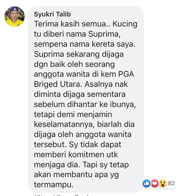 Syukri said that 'Suprima' the kitten is now safe and living with another one of his officers. — Screengrab via Facebook/@PolisDirajaMalaysia