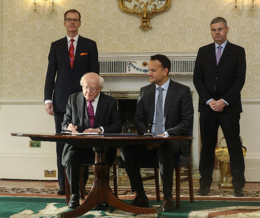 The Irish Taoiseach (Prime Minister) Leo Varadkar with President Michael D.Higgins at Aras an Uachtarain (The President's residence) as they sign the document that dissolves the government in Dublin, Ireland January 14, 2020. — Reuters pic