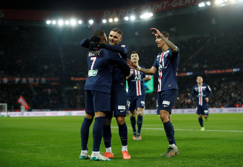 Paris St Germain's Mauro Icardi celebrates scoring their fourth goal against Saint-Etienne with Kylian Mbappe and Angel Di Maria at Parc des Princes January 8, 2020. u00e2u20acu201d Reuters pic