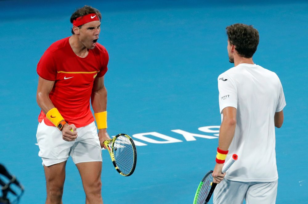 Spain's Rafael Nadal and Pablo Carreno Busta react during their Quarter Final doubles match against Belgium's Sander Gille and Joran Vliegen in Sydney January 10, 2020. u00e2u20acu2022 Reuters pic