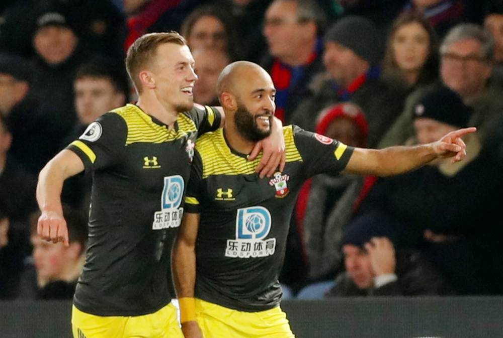 Southampton's Nathan Redmond celebrates with James Ward-Prowse after scoring the first goal against Crystal Palace January 22, 2020. u00e2u20acu2022 Reuters pic 
