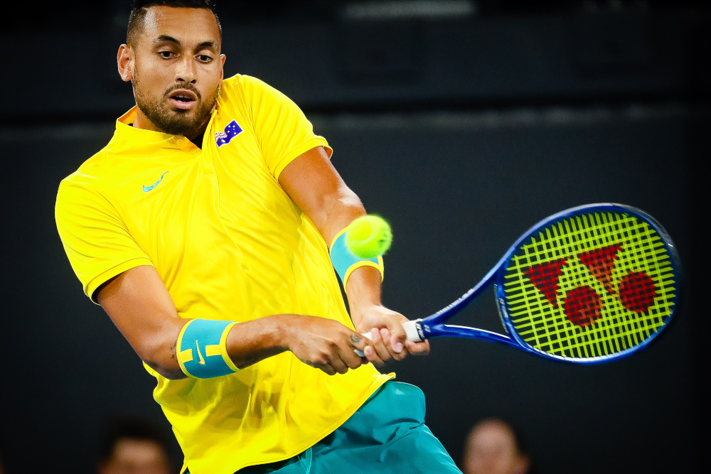 Nick Kyrgios of Australia hits a return against Stefanos Tsitsipas of Greece during the menu00e2u20acu2122s singles match on day five of the ATP Cup tennis tournament in Brisbane on January 7, 2020. u00e2u20acu201d AFP pic 