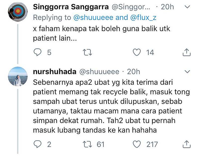 Nur explaining why hospitals don’t reuse medicines that are returned. — Screengrab via Twitter/@shuuueee 