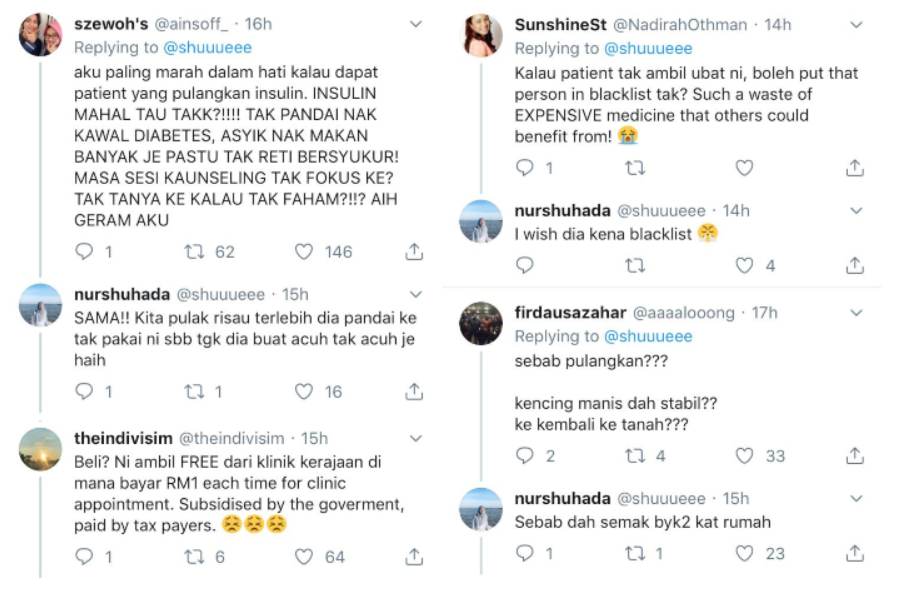 Social media users react to the patient’s wastefulness. — Screengrab via Twitter/@shuuueee 