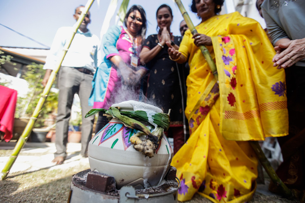 Women cook u00e2u20acu02dcSarkkarai Ponggalu00e2u20acu2122 on an open fire by boiling rice in milk during the Ponggal celebration in George Town January 15, 2020. u00e2u20acu201d Picture by Sayuti Zainudin