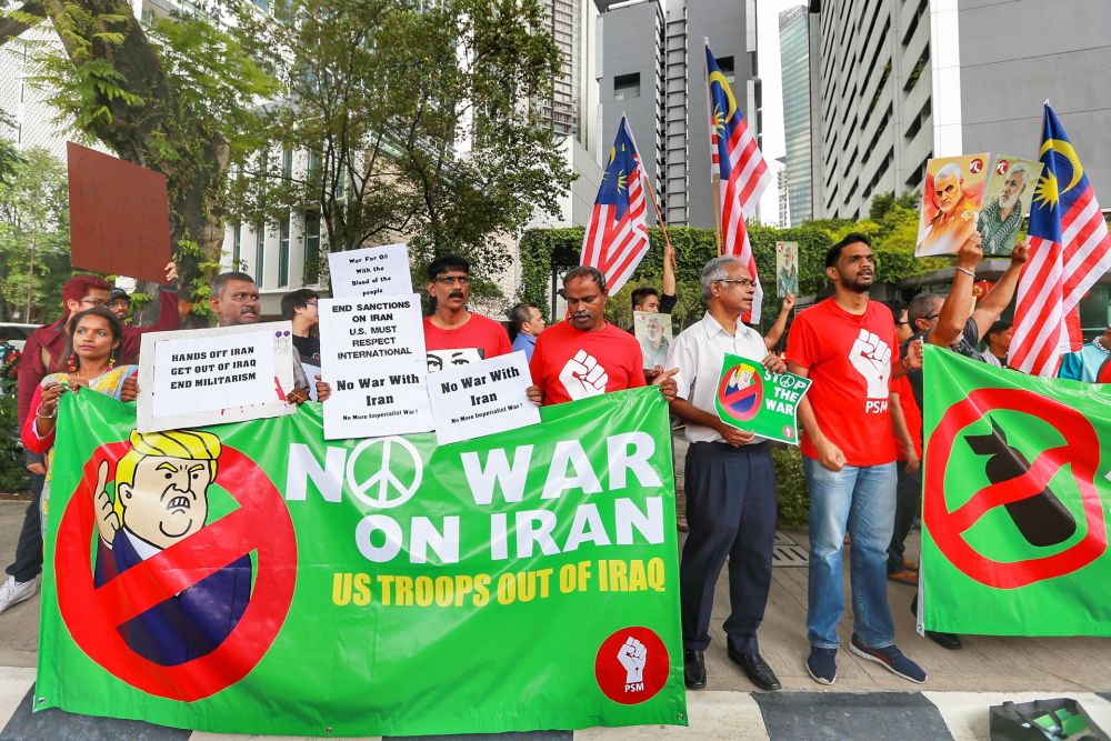 Members of the Socialist Party of Malaysia and other NGOs protest military action against Iran in front of the US Embassy in Jalan Tun Razak January 10, 2020.u00e2u20acu2022 Picture by Ahmad Zamzahuri