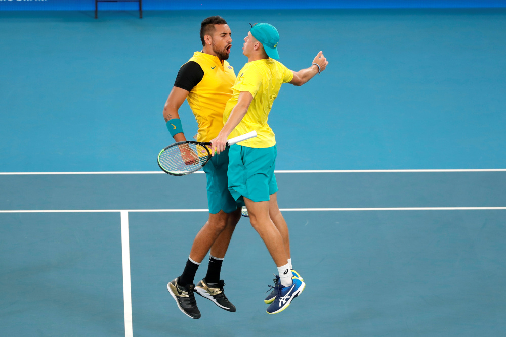 Australiau00e2u20acu2122s Alex de Minaur and Nick Kyrgios celebrate during their ATP Cup Quarter Final doubles match against Britainu00e2u20acu2122s Jamie Murray and Joe Salisbury at the Ken Rosewall Arena, Sydney January 9, 2020. u00e2u20acu201d Reuters pic