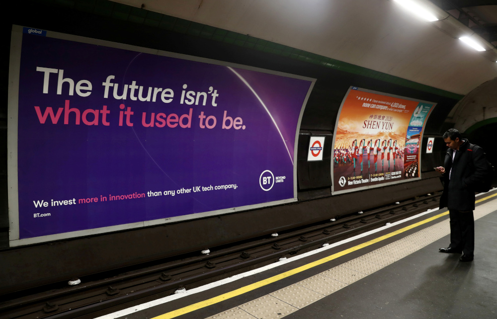 British Telecom (BT) advertisement is displayed at Goodge Street underground station in London November 15, 2019. u00e2u20acu201d Reuters pic