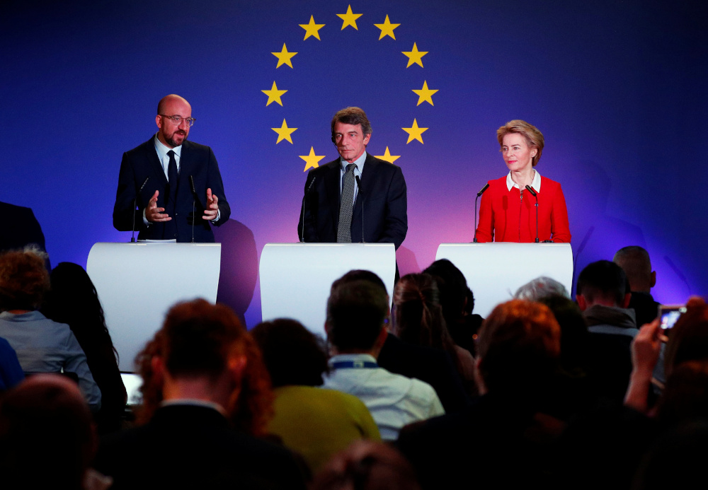 European Council President Charles Michel, EU Parliament President David Sassoli and EU Commission President Ursula von der Leyen give a speech on the future of Europe in Brussels January 31, 2020. u00e2u20acu201d Reuters