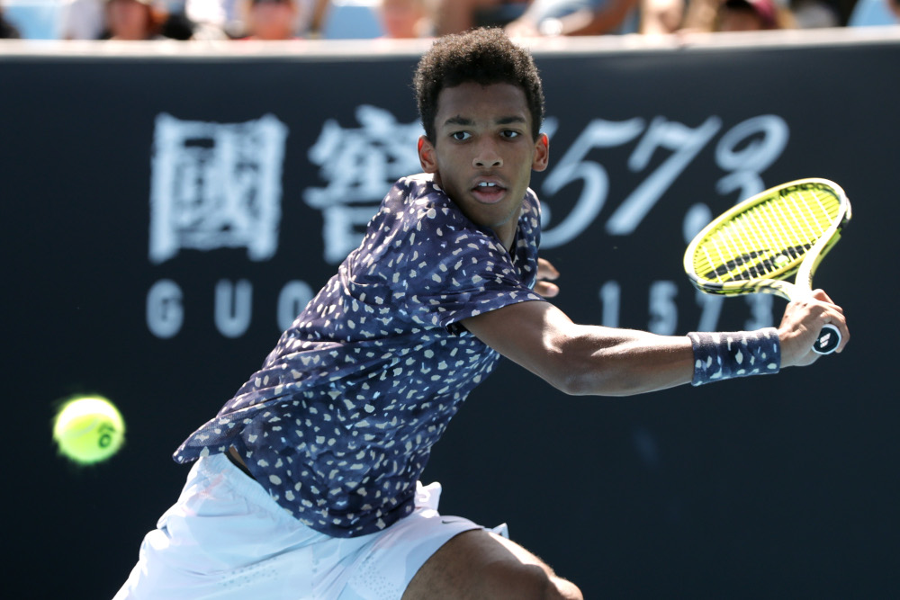 Canadau00e2u20acu2122s Felix Auger-Aliassime in action during the Australian Open first round match against Latviau00e2u20acu2122s Ernests Gulbis Melbourne Park, Melbourne January 21, 2020. u00e2u20acu201d Reuters pic