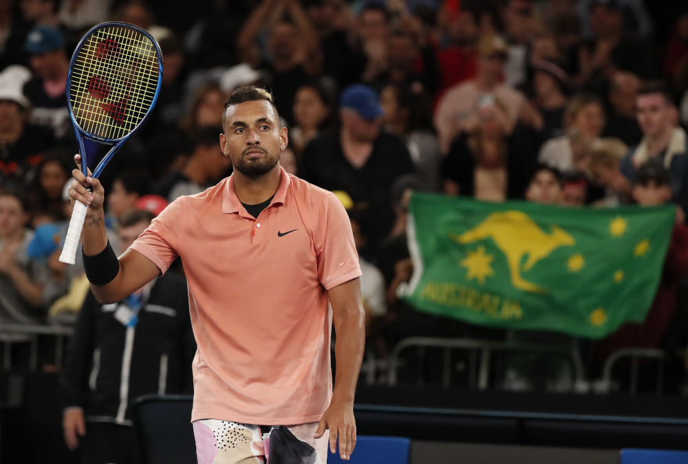 Australiau00e2u20acu2122s Nick Kyrgios celebrates after winning his Australian Open first round match against Italyu00e2u20acu2122s Lorenzo Sonego at Melbourne Park, Melbourne January 21, 2020. u00e2u20acu201d Reuters pic