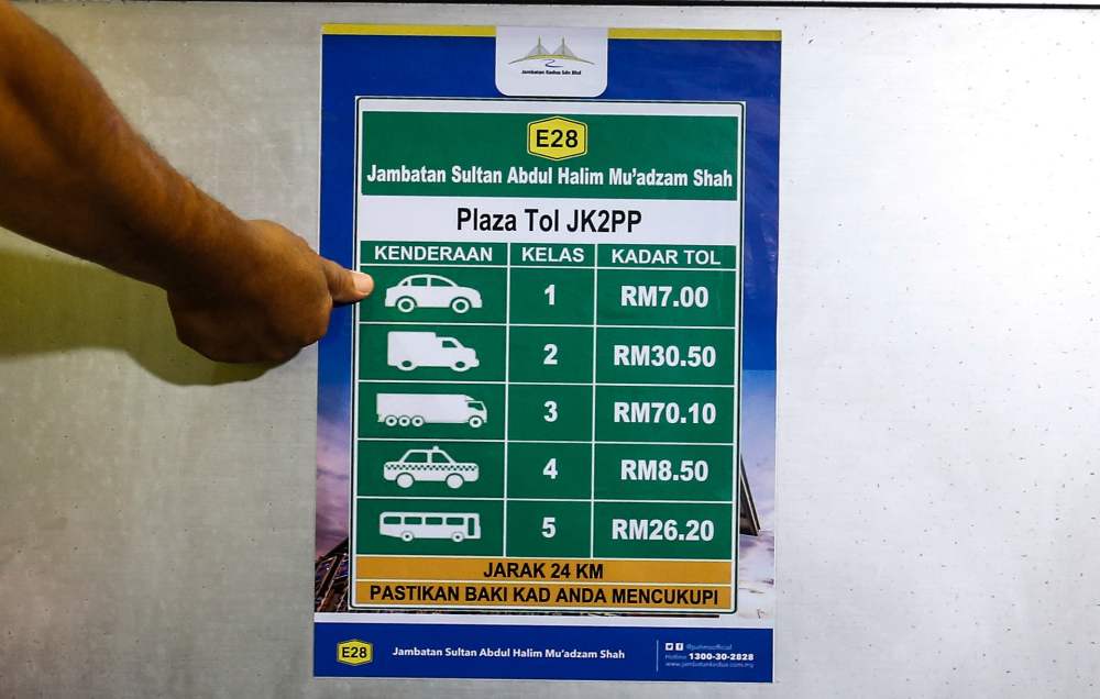 The toll rate for private cars at the Sultan Abdul Halim Mu'adzam Shah Bridge (JSAHMS) has been reduced from RM8.50 to RM7.00. 