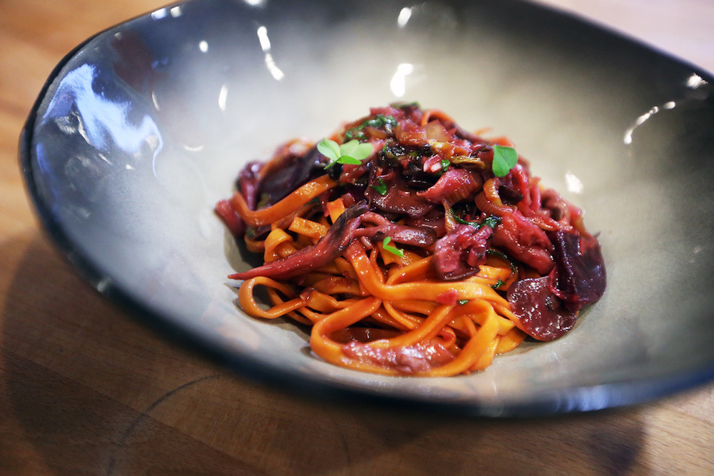 Turmeric pasta with maitake mushrooms, black garlic and marinated beetroot, prepared by 27-year-old Yeo Kai Siang who is a private home chef. — TODAY pic