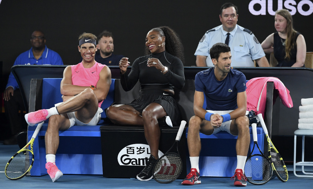 Serena Williams shares a lighter moment with Rafael Nadal and Novak Djokovic as they play in the Rally for Relief charity tennis match in support of the victims of the Australian bushfires, in Melbourne January 15, 2020. u00e2u20acu201d AFP pic   