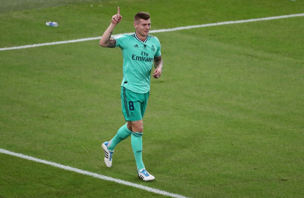 Real Madrid's Toni Kroos celebrates scoring their first goal against Valencia at King Abdullah Sports City, Jeddah January 8, 2020. u00e2u20acu201d Reuters pic