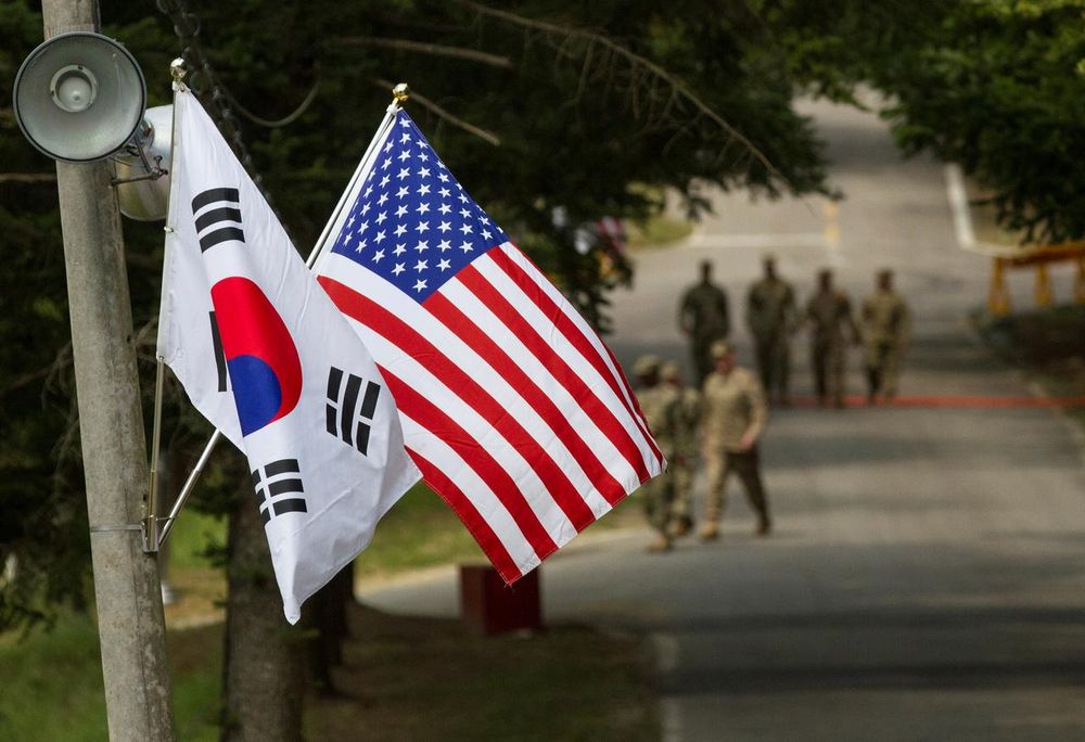 The South Korean and American flags fly next to each other at Yongin, South Korea, August 23, 2016. u00e2u20acu201d US Army/Handout pic via Reuters