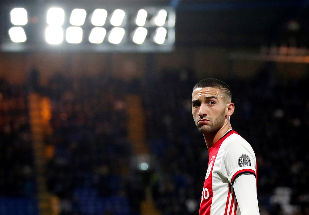 Ajax's Hakim Ziyech celebrates their third goal against Chelsea in London November 5, 2019. u00e2u20acu201d Reuters pic 