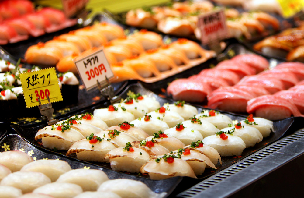 Pufferfish sushi line is seen on a display window at a market in Shimonoseki, Japan February 7, 2020. — Reuters pic
