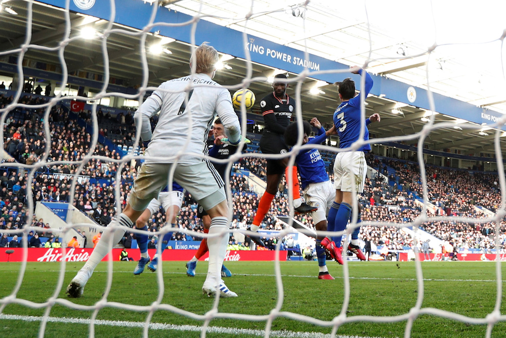 Chelsea’s Antonio Rudiger scores their first goal during the Premier League match with Leicester City at King Power Stadium in Leicester February 1, 2020. — Action Images pic via Reuters