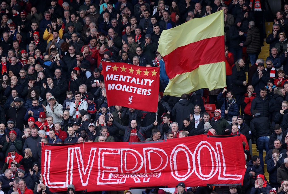 Liverpool fans display banners during the Premier League match with Southampton at Anfield in Liverpool February 1, 2020. u00e2u20acu201d Action Images pic via Reuters