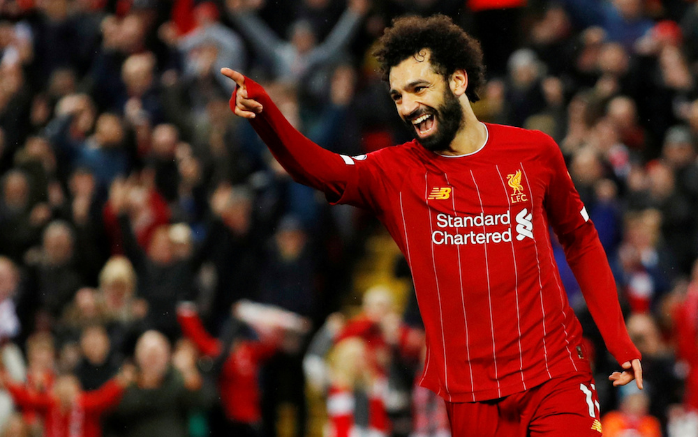 Liverpoolu00e2u20acu2122s Mohamed Salah celebrates scoring their fourth goal during the Premier League match with Southampton at Anfield in Liverpool February 1, 2020. u00e2u20acu201d Reuters pic