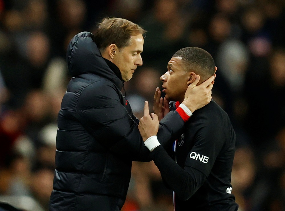 Paris St Germain's Kylian Mbappe speaks to coach Thomas Tuchel as he comes off as a substitute during a match against Montpellier at the Parc des Princes stadium in Paris February 1, 2020. u00e2u20acu201d Reuters pic