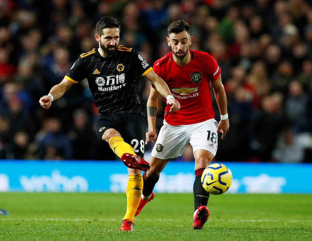 Wolverhampton Wanderers’ Joao Moutinho in action with Manchester United’s Bruno Fernandes during their Premier League match at Old Trafford in Manchester February 1, 2020. — Action Images pic via Reuters