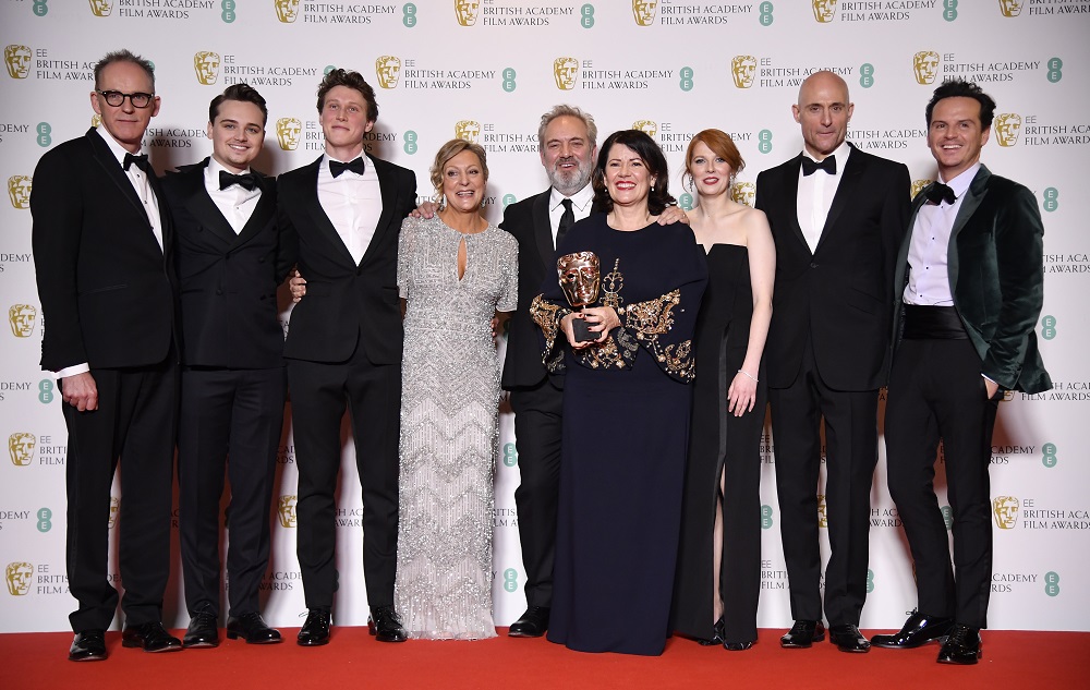 Pippa Harris, Callum McDougall, Sam Mendes, Jayne-Ann Tenggren pose with their award for Best Film for '1917' alongside Dean-Charles Chapman, George MacKay, Mark Strong, Krysty Wilson-Cairns and Andrew Scott at the Baftas in London February 2, 2020. u00e2u20acu201d R