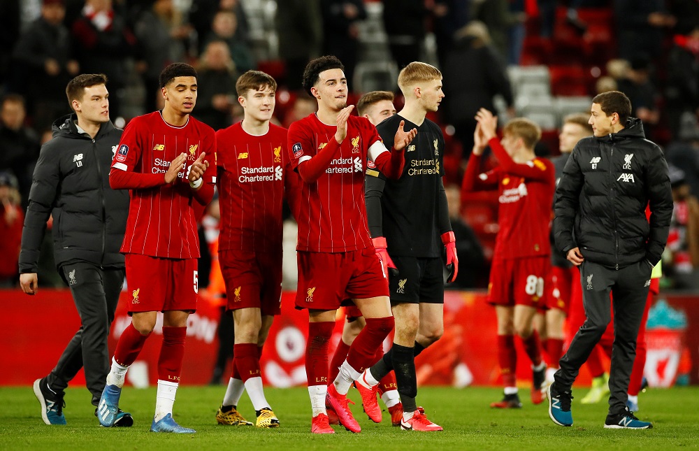 Liverpool players applaud after the match against Shrewsbury Town at Anfield in Liverpool February 4, 2020. u00e2u20acu201d Action Images via Reuters