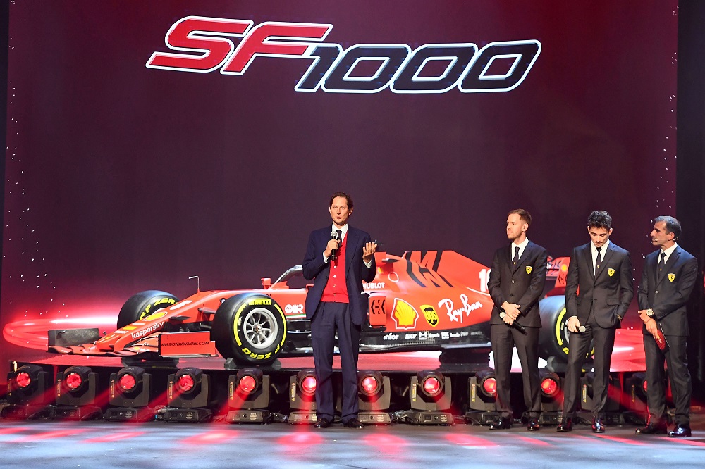 Ferrari Chairman John Elkann speaks during the presentation of the new Formula One race car SF1000 at the Romolo Valli Municipal Theatre in Reggio Emilia, Italy February 11, 2020. u00e2u20acu201d Ferrari Press Office/Handout via Reuters