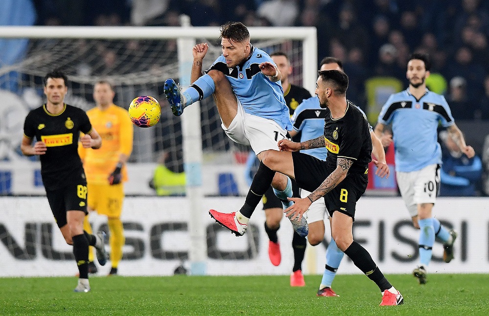 Lazio's Ciro Immobile in action with Inter Milan's Matias Vecino at the Stadio Olimpico in Rome February 26, 2020. u00e2u20acu201d Reuters pic