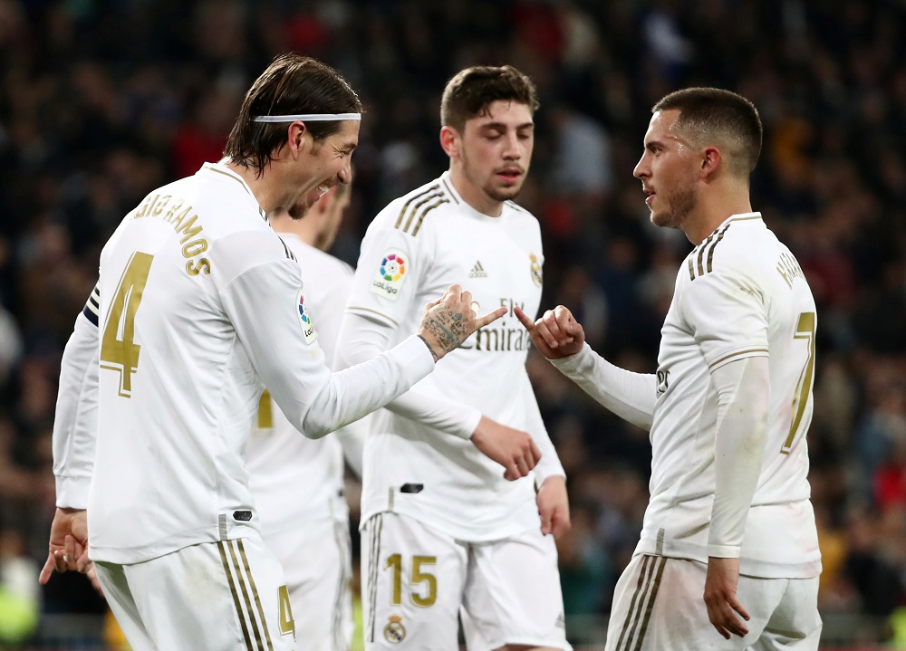 Real Madrid's Sergio Ramos celebrates scoring their second goal with Eden Hazard at the Santiago Bernabeu stadium in Madrid February 16, 2020. u00e2u20acu201d Reuters pic