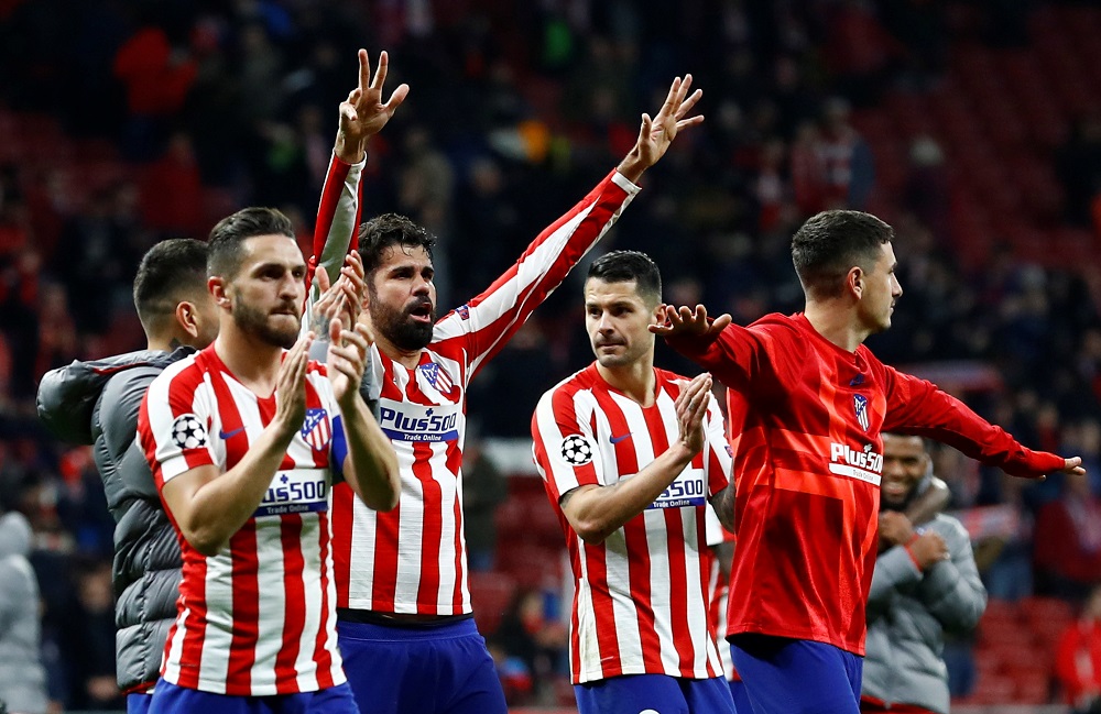 Atletico Madridu00e2u20acu2122s Diego Costa, Mario Hermoso and teammates celebrate after the match against Liverpool at the Wanda Metropolitano stadium in Madrid February 18, 2020. u00e2u20acu201d Reuters pic