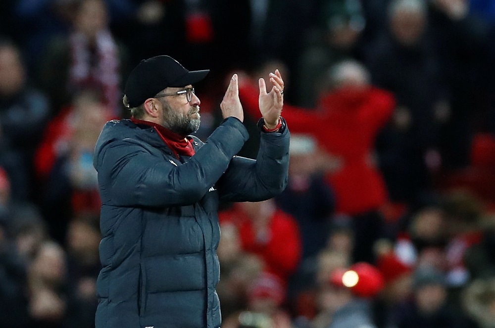 Liverpool manager Juergen Klopp applauds fans after the match at Anfield in Liverpool February 24, 2020. u00e2u20acu201d Action Images via Reuters