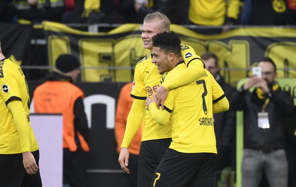 Borussia Dortmundu00e2u20acu2122s English forward Jadon Sancho and Dortmundu00e2u20acu2122s Norwegian forward Erling Braut Haaland (left) celebrate a goal during the Bundesliga football match against FC Union Berlin in Dortmund February 1, 2020. u00e2u20acu201d AFP pic
