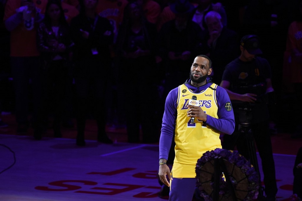 nLeBron James of the Los Angeles Lakers addresses the fans before the game against the Portland Trail Blazers in Los Angeles January 31, 2020. u00e2u20acu201d AFP picn